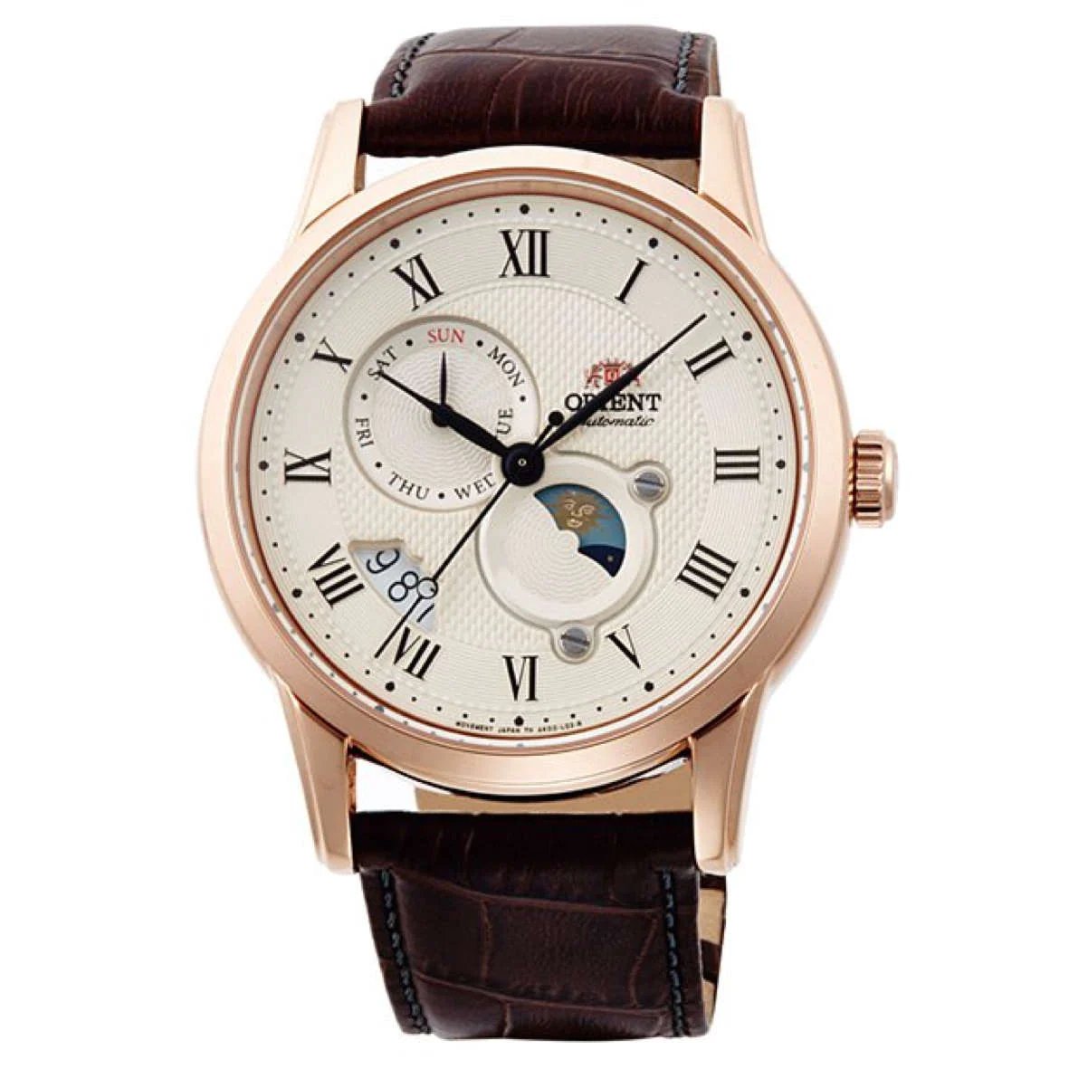 Orient Sun & Moon V3 日月相功能真皮錶帶男士機械手錶 RA-AK0007S10B