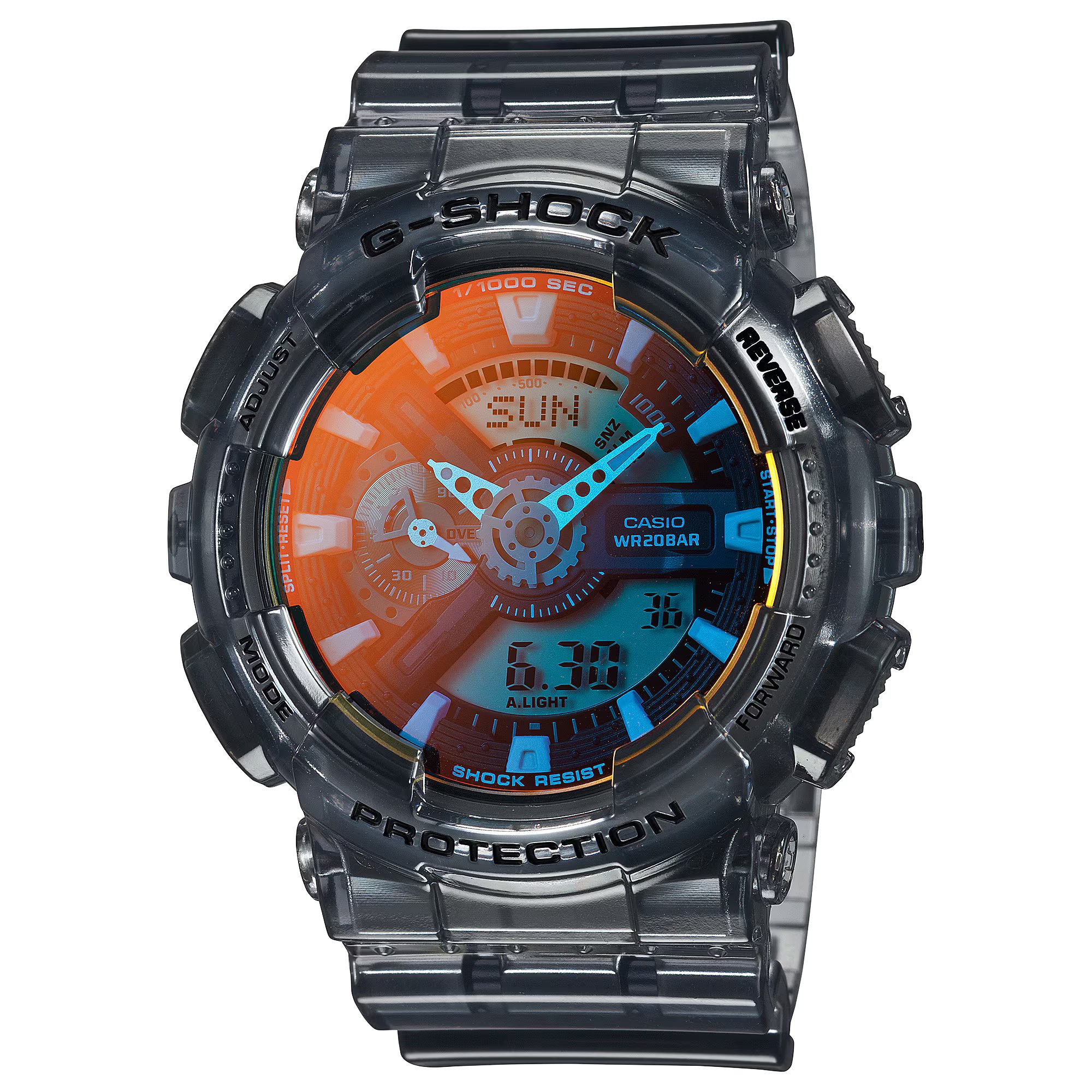 Casio G-SHOCK 110 系列 黃昏海灘搶眼反射玻璃半透明灰色指針數碼手錶 GA-110TLS-8A