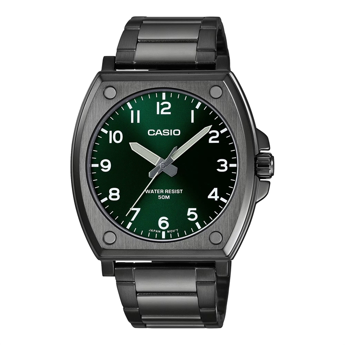 Casio GENERAL LINE 绿色表盘黑色不锈钢酒桶型男士指针石英手表 MTP-E730B-3A