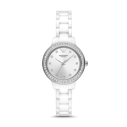 Emporio Armani 32mm 銀色錶盤閃石外圈白色陶瓷石英女士手錶 AR70013