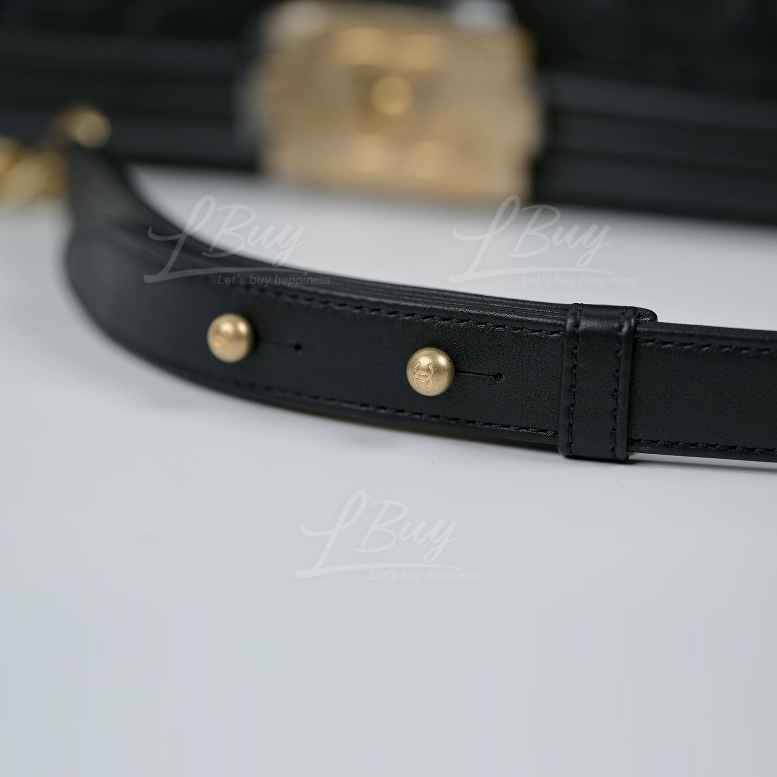CHANEL-Chanel Boy Calfskin Medium 25cm Handbag Black Gold CC Logo ...