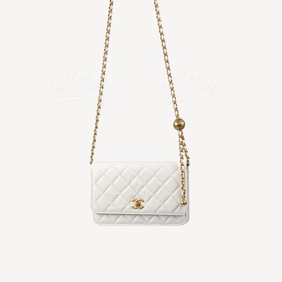 CHANEL-Chanel Gold Ball White Wallet On Chain