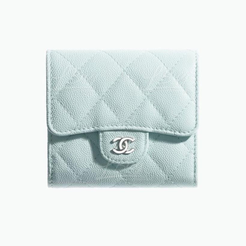 Chanel经典款细号垂盖银包 浅蓝色 银扣 AP0231