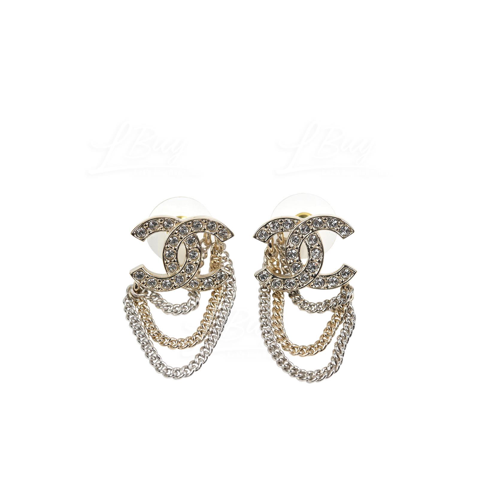 Chanel Crystal CC Logo Chain Pendant Earrings AB7062