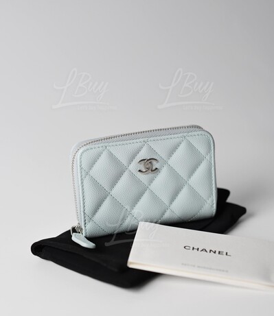 CHANEL-Chanel Classic Zip Around Coin Purse Card Holder Light Blue Color  Silver CC Logo AP0216