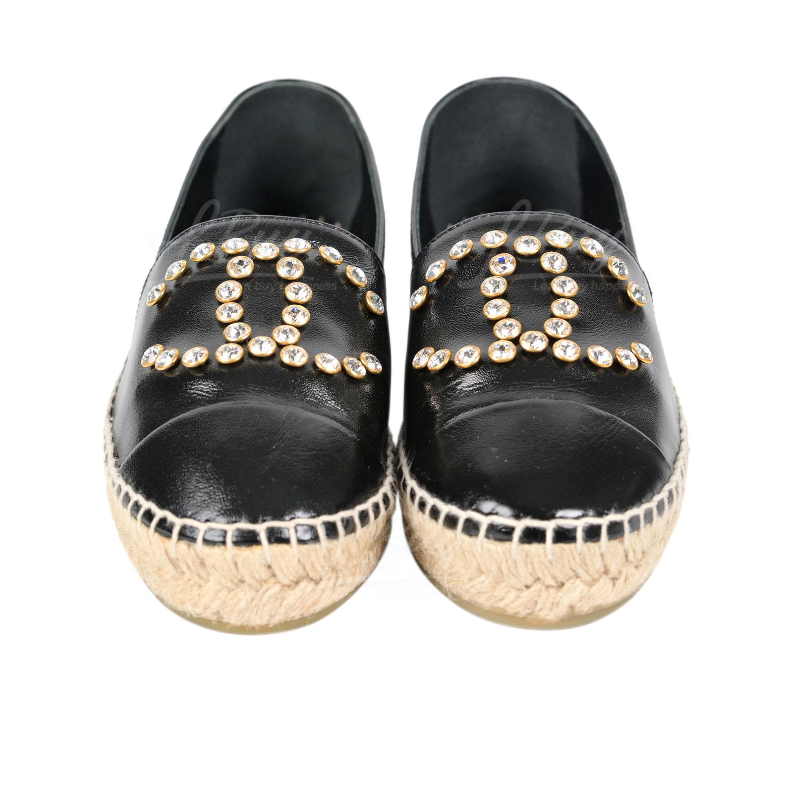 Chanel Espadrilles 黑色小羊皮CC Logo平底草織鞋