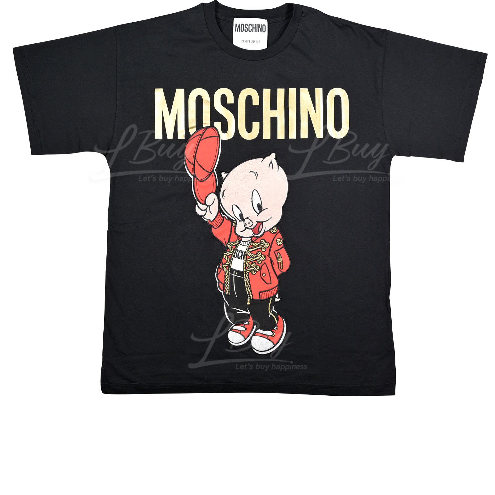 Moschino Couture Logo Porky Pig 刺繡紅衣波基豬短袖T恤 黑色