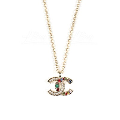 CHANEL-Chanel Gold CC Logo Colorful Rhinestone Pearl Necklace AB8540