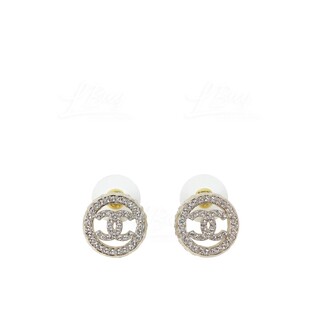 Chanel 金色鏤空水鑽圓形 CC Logo耳環 AB8304