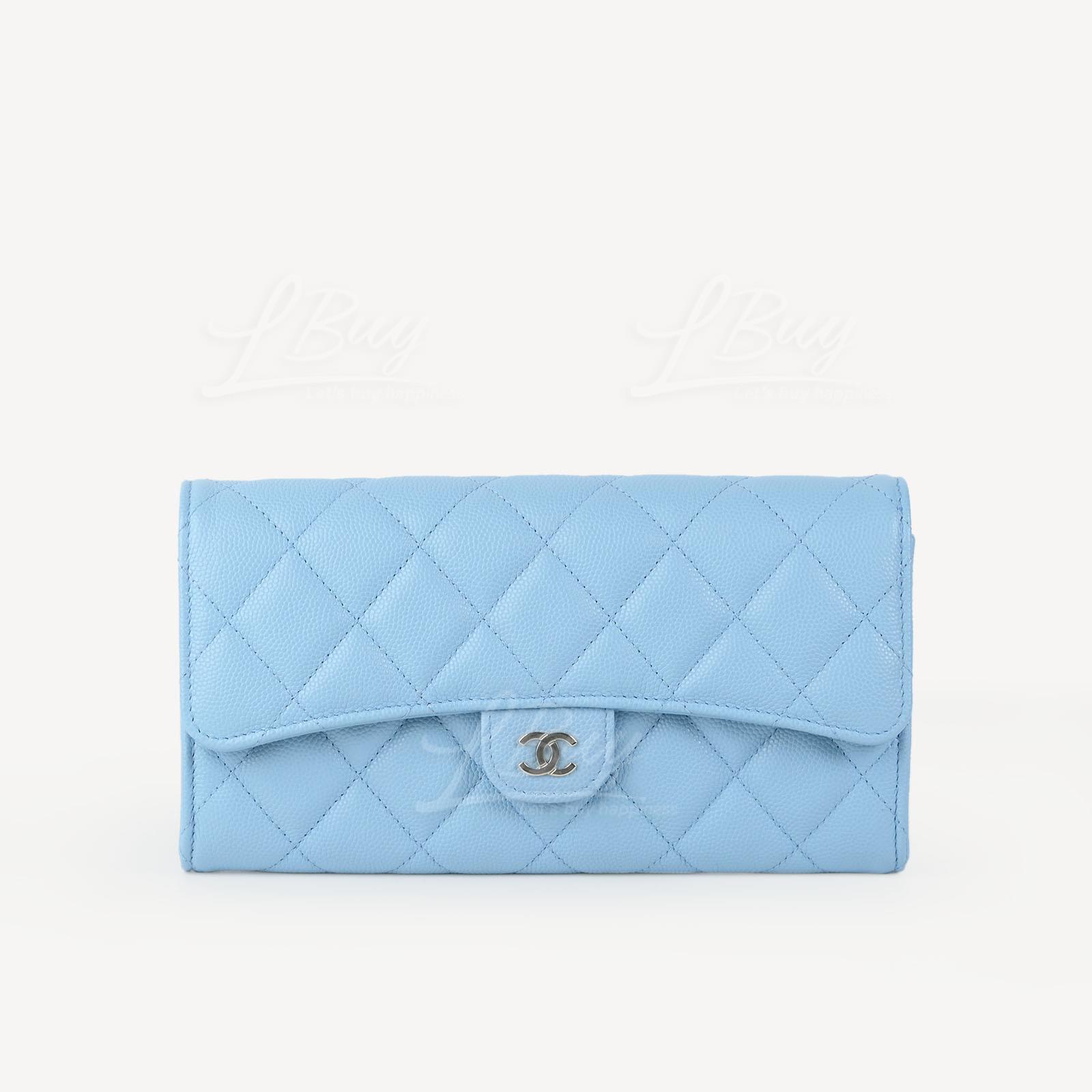 CHANEL-Chanel Classic Long Flap Wallet Light Blue with Gold Tone Metal  AP0241