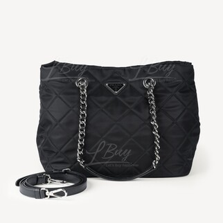Prada Triangle Logo Diamond Check Nylon Shoulder Bag Tote Black