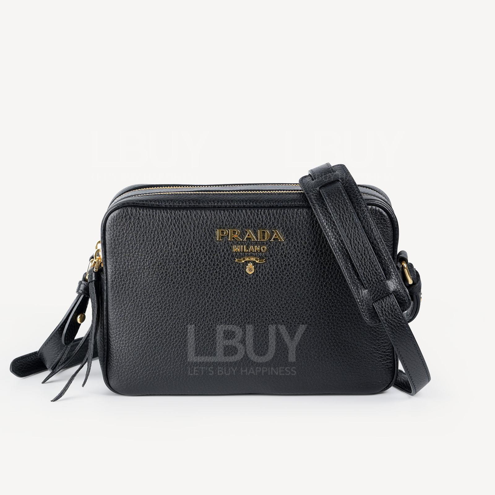 Prada 金色Logo皮革双层拉链单肩包斜背袋 黑色