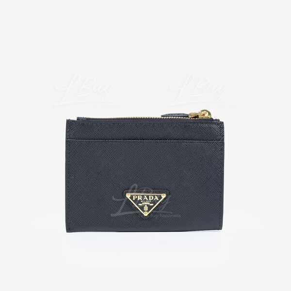 PRADA Prada Saffiano Triang Leather Black Zip Card Holder