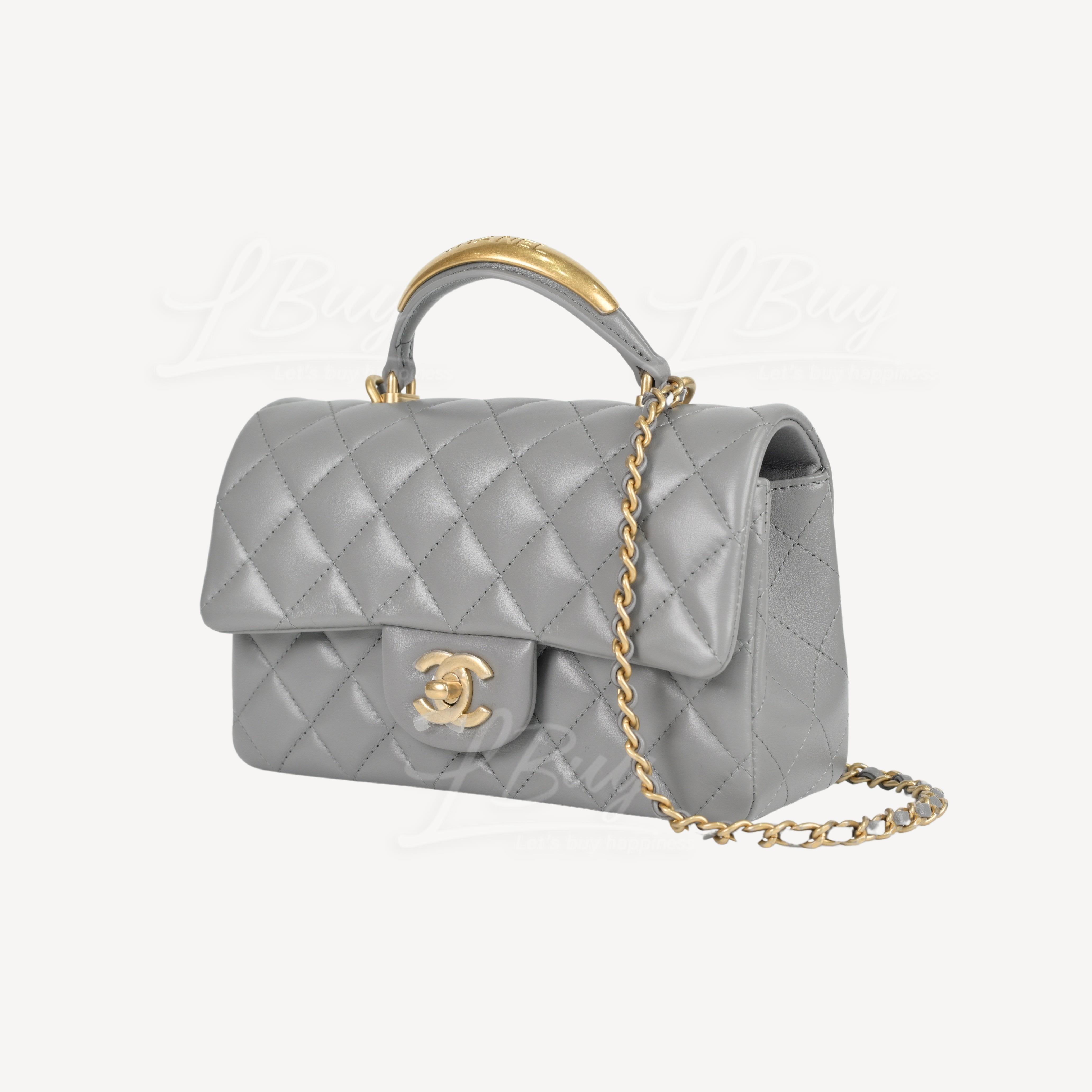 CHANEL-Chanel Grey Flap Bag with Gold Tone Metal and Gold Metal ...
