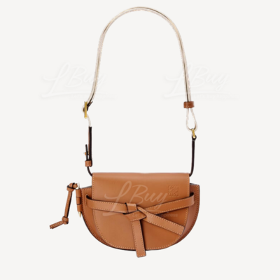 LOEWE Mini Gate Dual Bag in Soft Calfskin and Jacquard Tan