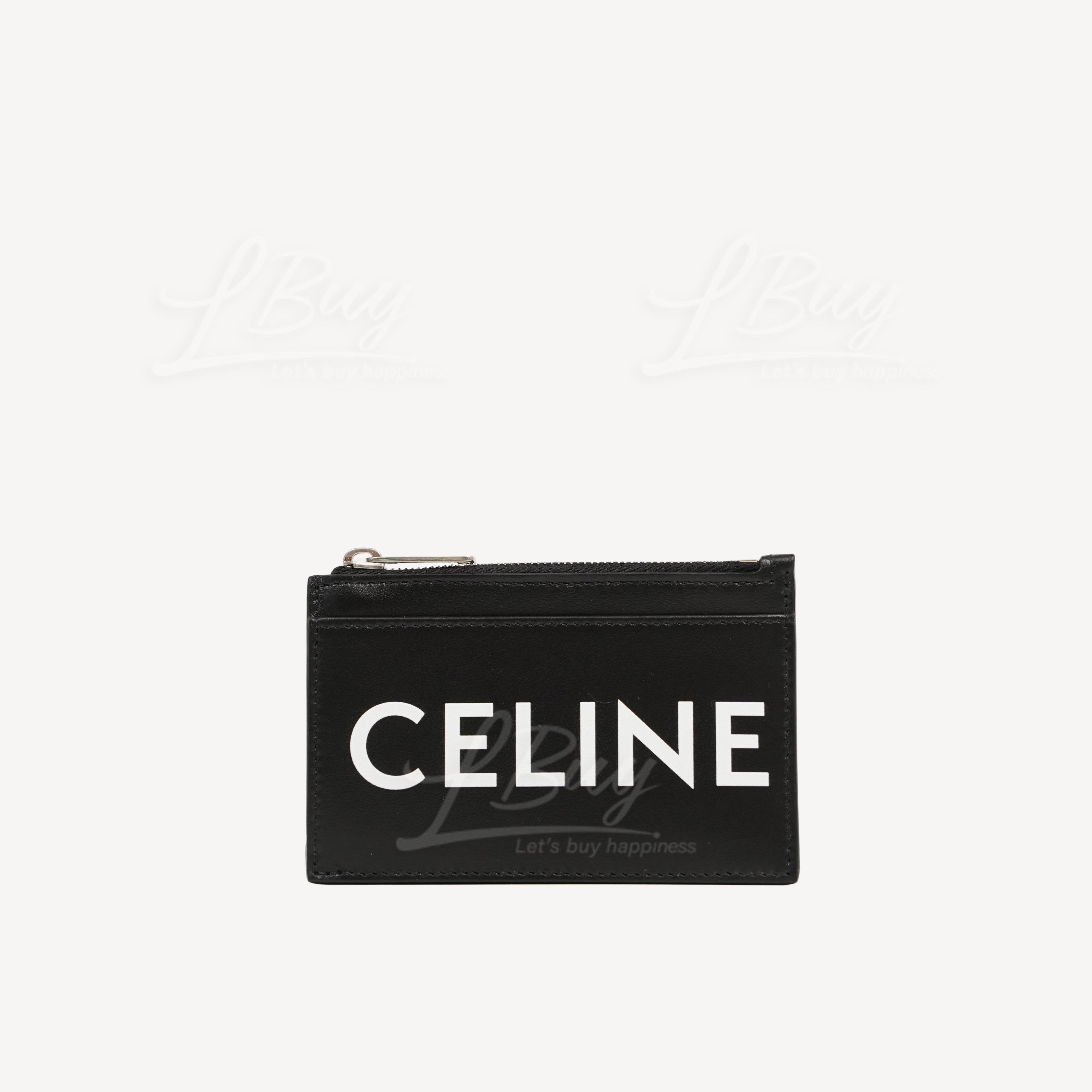 Celine Logo Print Smooth Calfskin Zipped Card Holder Black