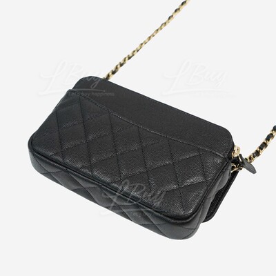 CHANEL-Chanel Black Grained Calfskin Gold CC Logo Phone Holder with Chain  Handbag AP2096