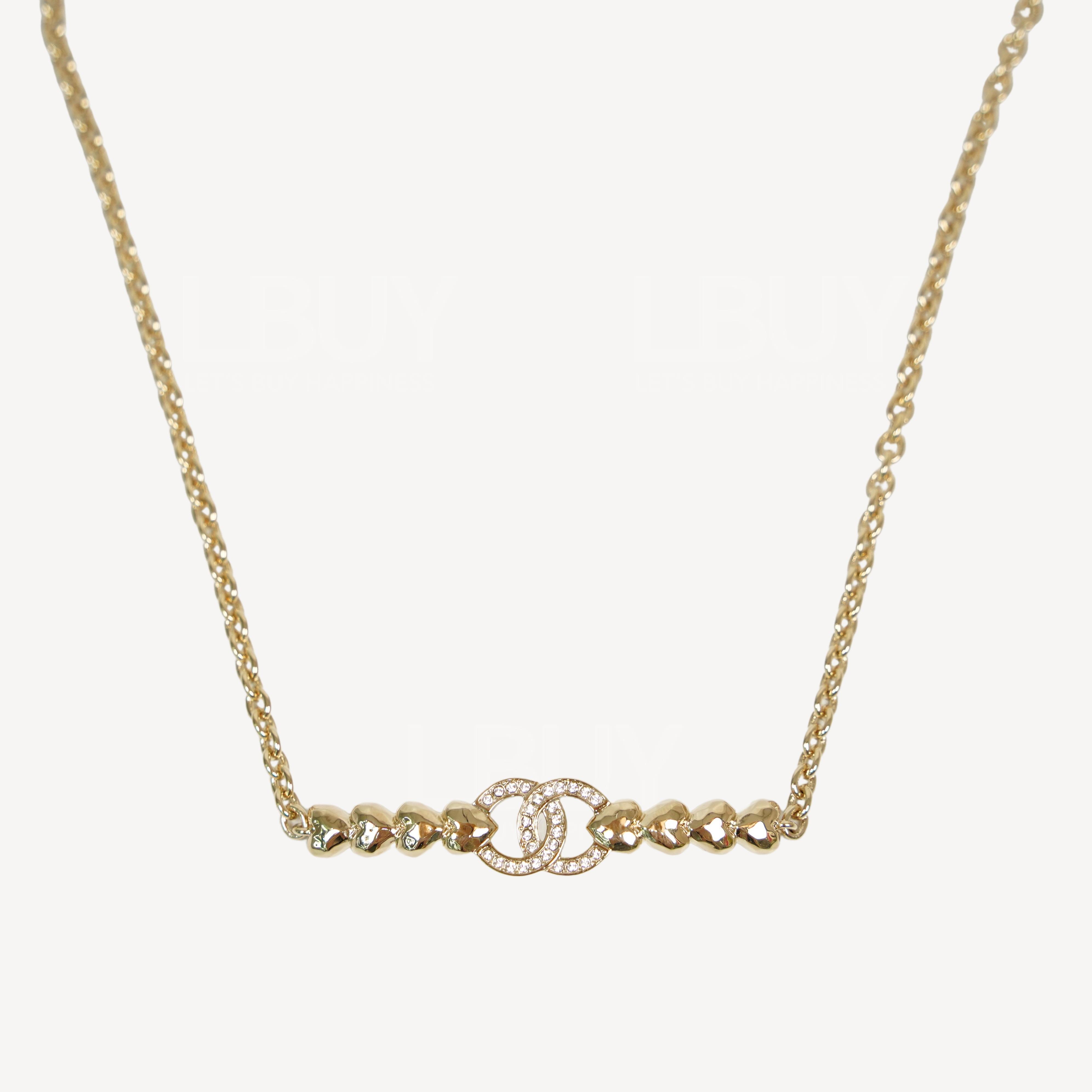 Chanel 金色心心水晶CC Logo鎖骨項鏈 ABA259