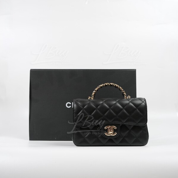 香奈儿-Chanel 水钻手挽金色CC Logo 18cm黑色垂盖手袋AP4140