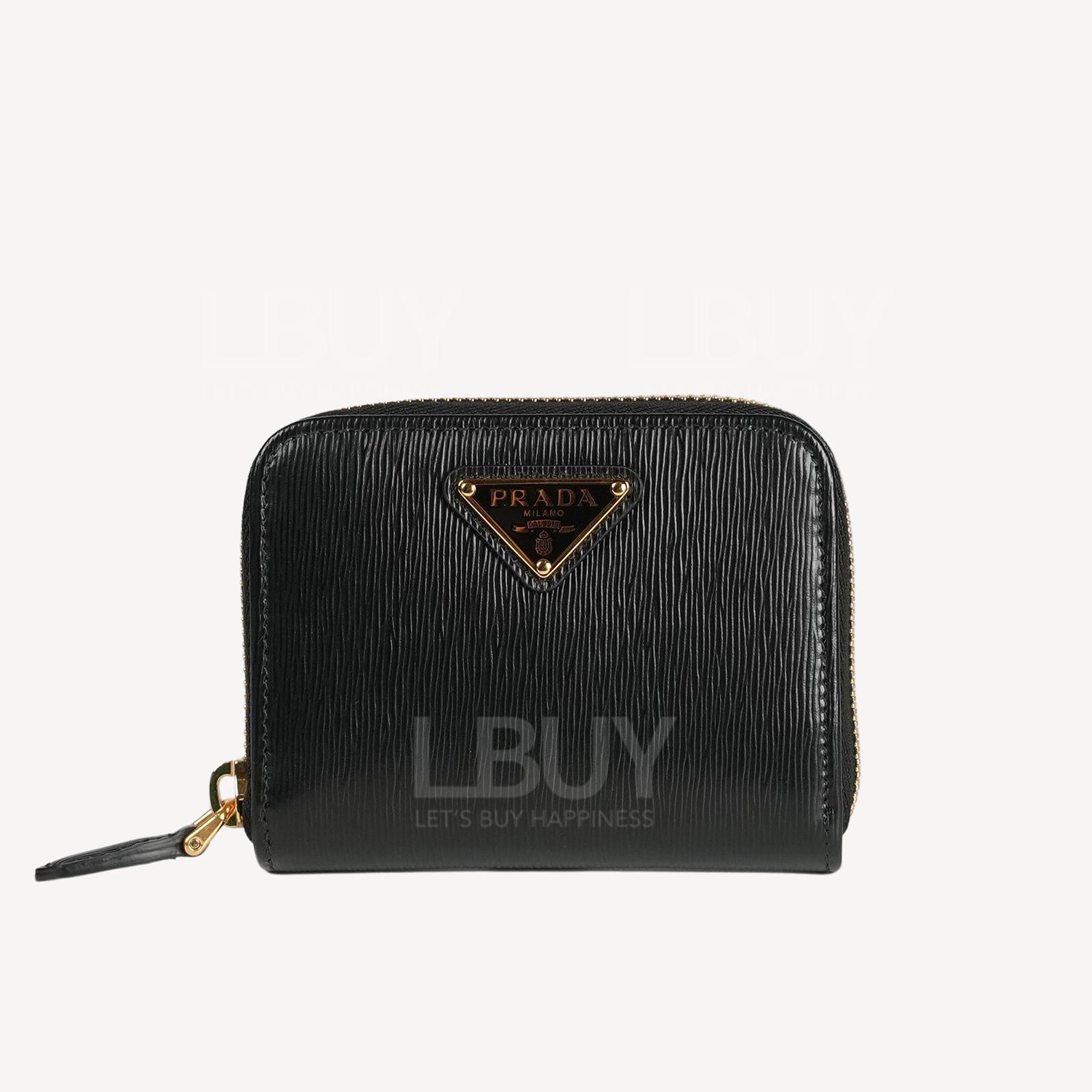 Prada三角形標誌經典樹紋皮革拉鏈零錢包 黑色 1MM268