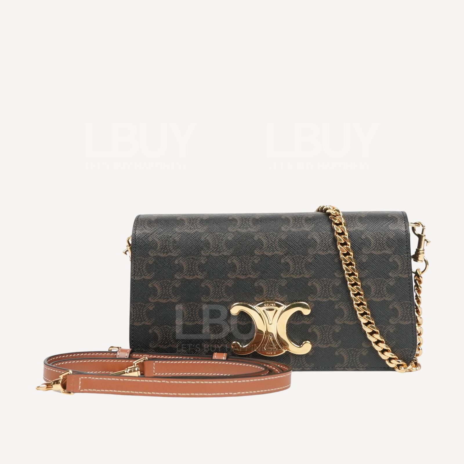 Celine Triomphe Calfskin Gold Chain Shoulder Bag Tan