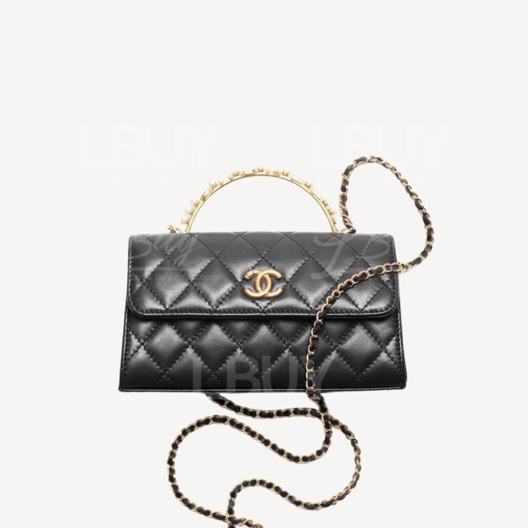 Chanel Black Lambskin With Gold CC Logo Pearl Handle Chain Flap Mobile Phone Bag AP3512