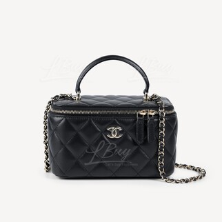 Chanel Mirror Base CC Logo Black Long Vanity Case with Top Handle and Chain AP2199