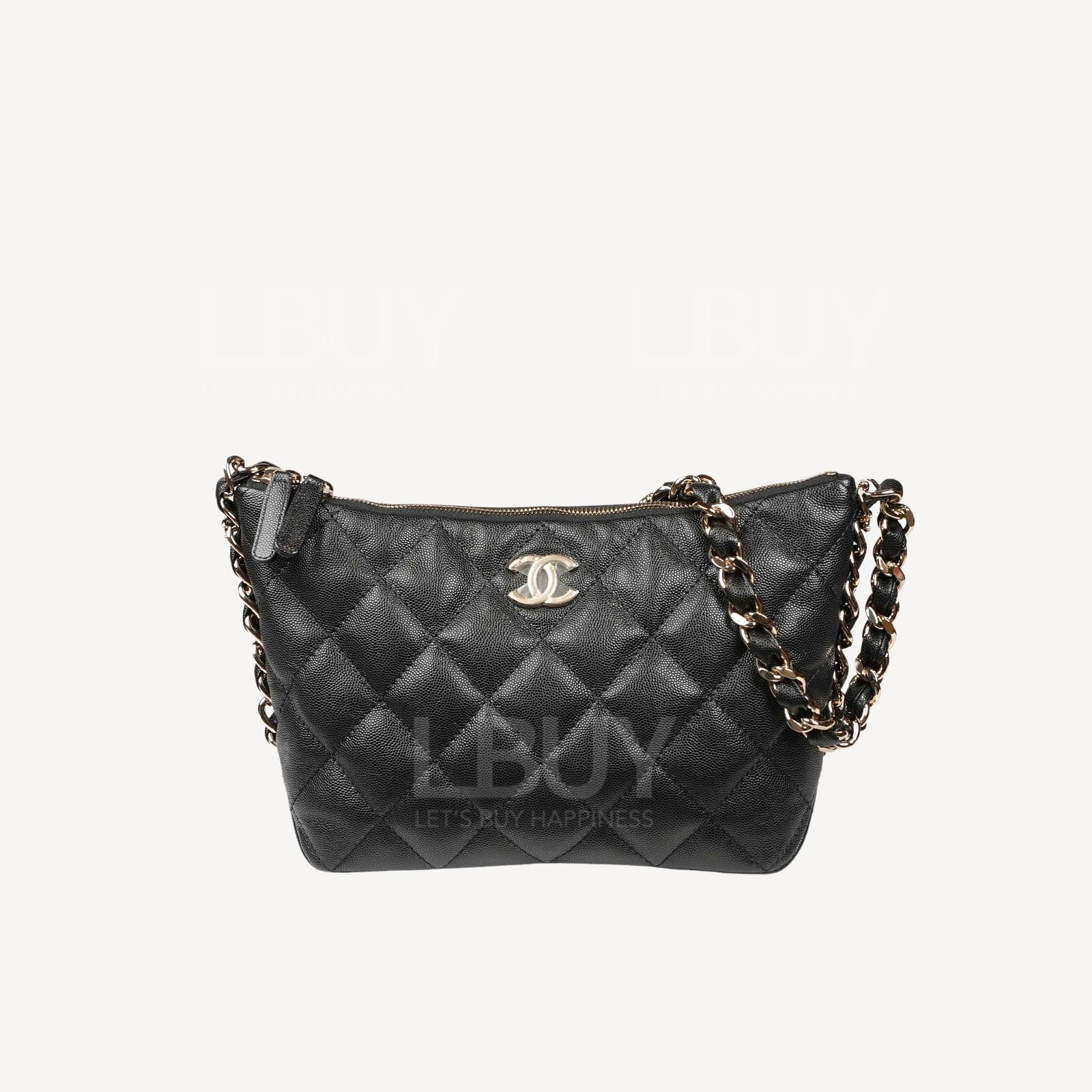 Chanel CC Logo Grained Shiny Calfskin Hobo Bag Black AS4293