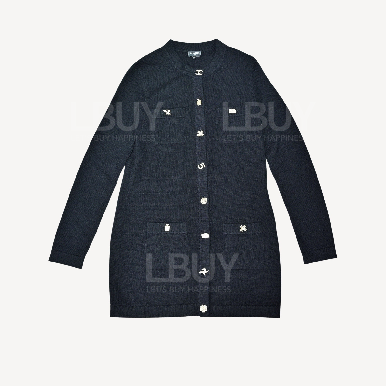 Chanel Featured Logo Gold Button Full Cashmere Long Black Cardigan Dress P73485