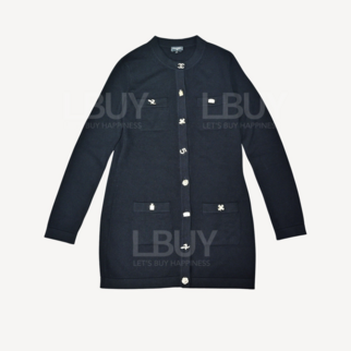 Chanel Featured Logo Gold Button Full Cashmere Long Black Cardigan Dress P73485