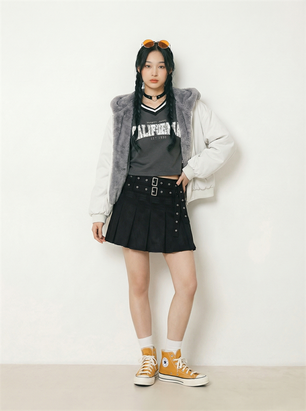 Double Belted Pleated Skirt