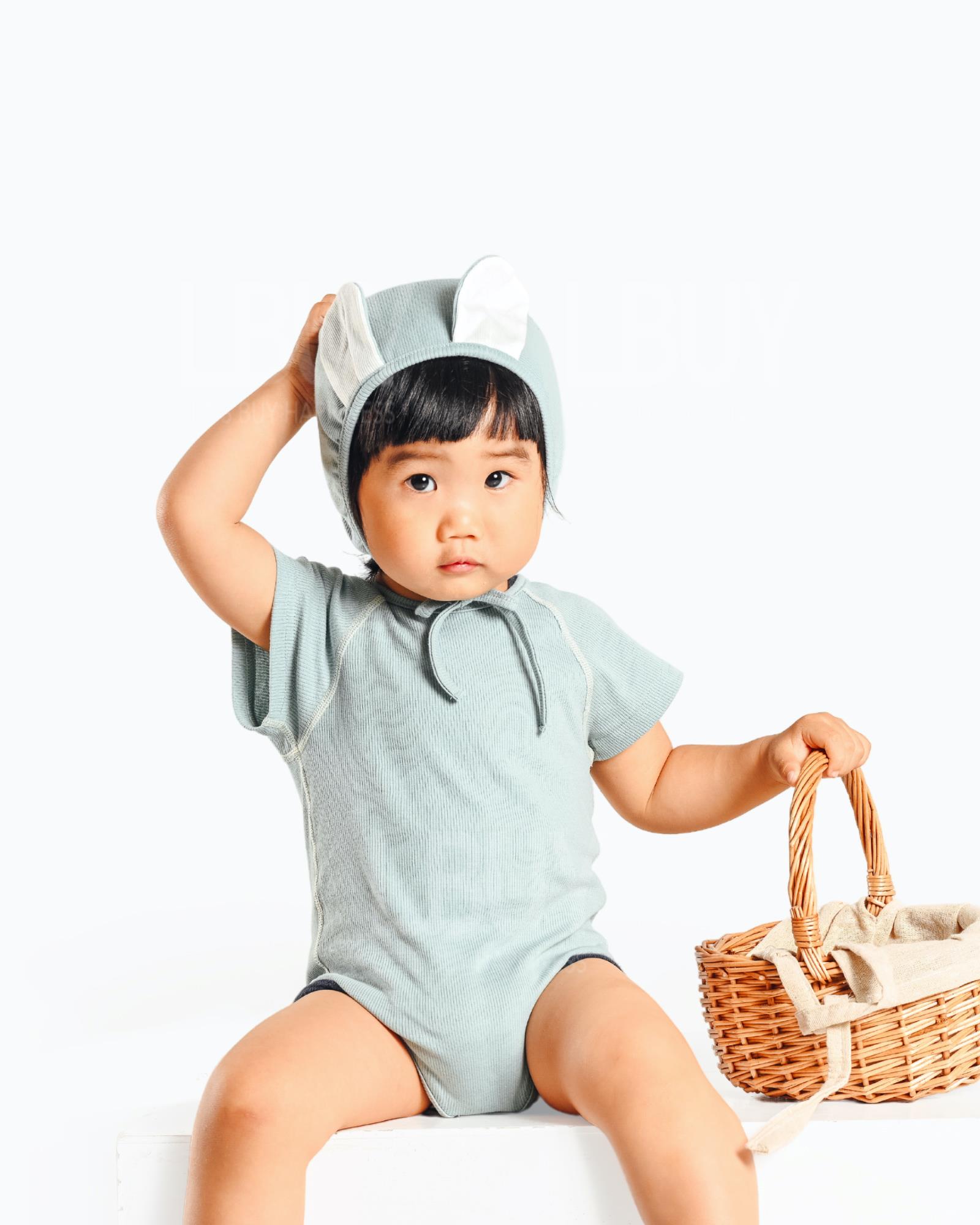 Bear Romper with Bonnet (Light Blue)