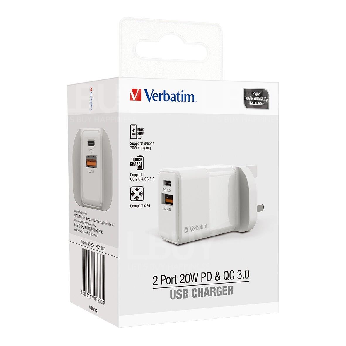Verbatim 2 Port 20W PD & QC 3.0 USB Charger