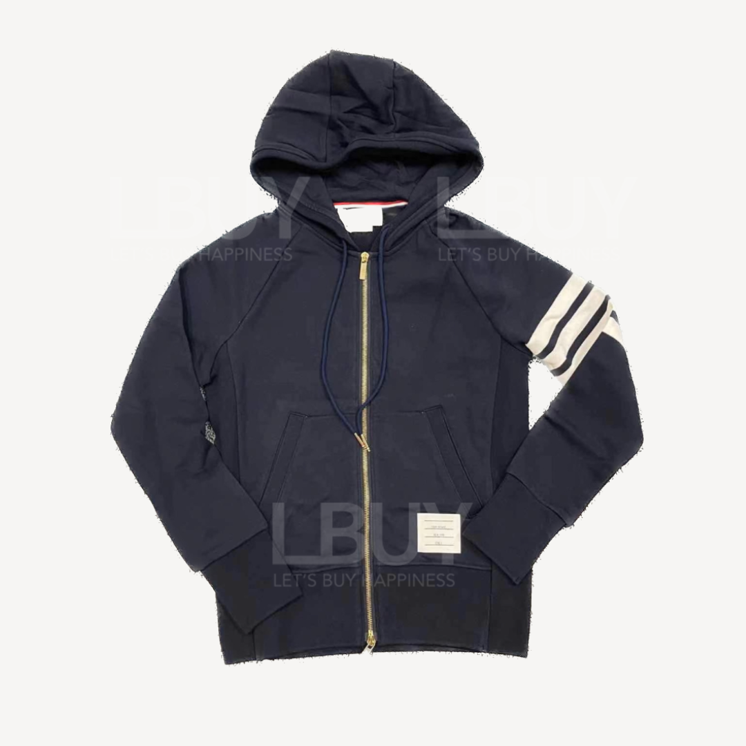 THOM BROWNE 白色4間條品牌特色有帽外套 藍色