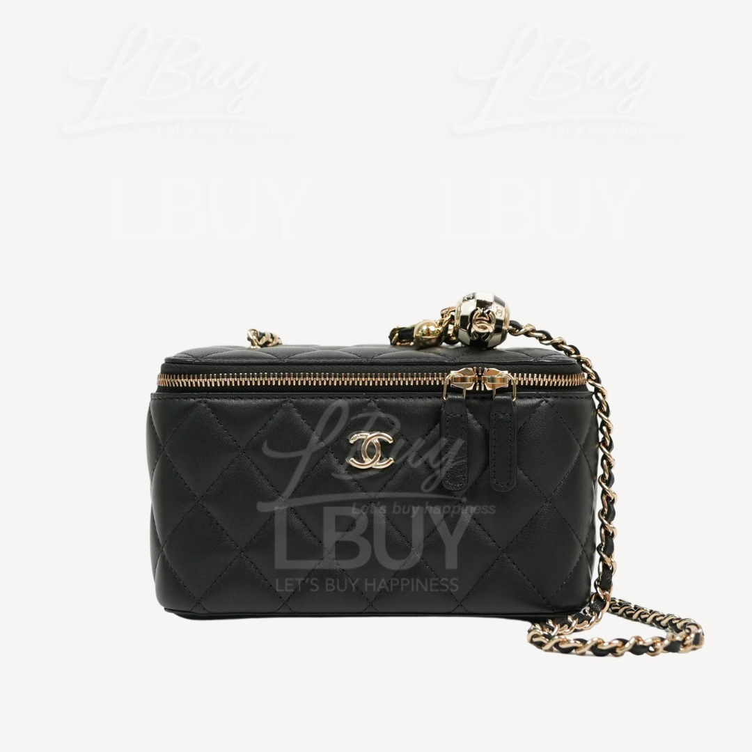 Chanel Vanity Case Black and White Football Gold Ball Mirror Case Base CC Logo with Chain Black AP2303
