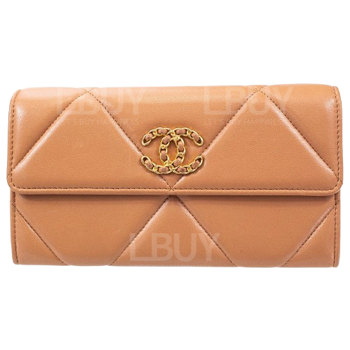 Chanel 焦糖色光面小羊皮配皮穿鏈CC Logo 垂蓋中長銀包  AP0953