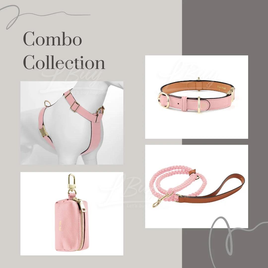 Furri Tail Handmade leather engraved gift set (collar + harness + leash + dog walking bag) Pink