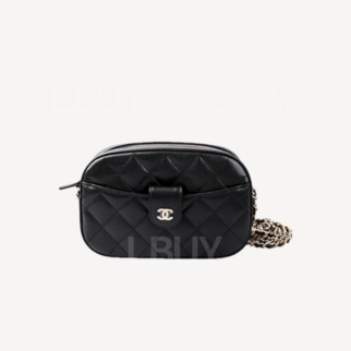 Chanel 金色CC Logo黑色粒紋小牛皮相機包 側揹袋 AP3998