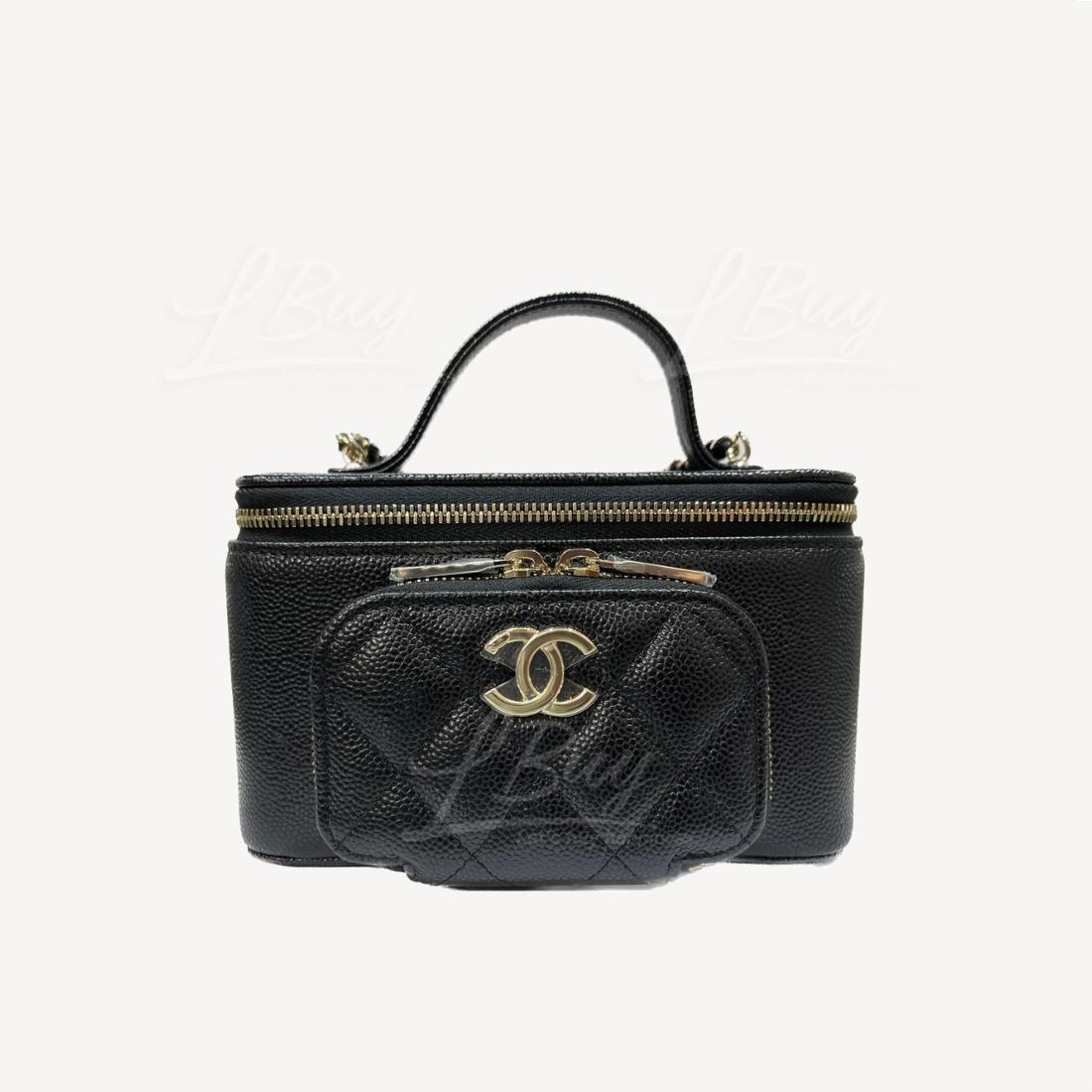 Chanel Grained Calfskin Gold CC Logo Black Chain Handle Long Vanity Case With Zipper Pocket AP2912