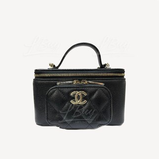 Chanel Vanity Case 粒紋小牛皮金色CC Logo拉鏈口袋黑色手挽鏈帶長型化妝盒子 AP2912