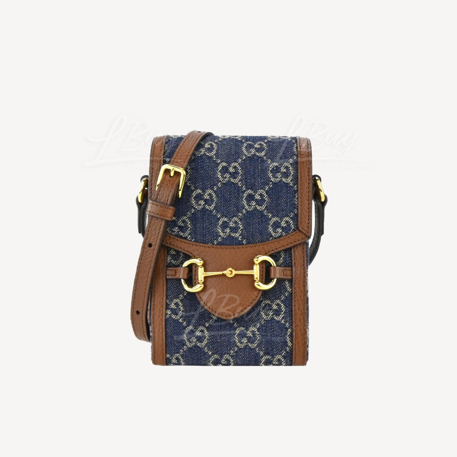 Gucci 馬銜扣1955 GG Supreme 帆布迷你袋手機袋 牛仔藍色 625615