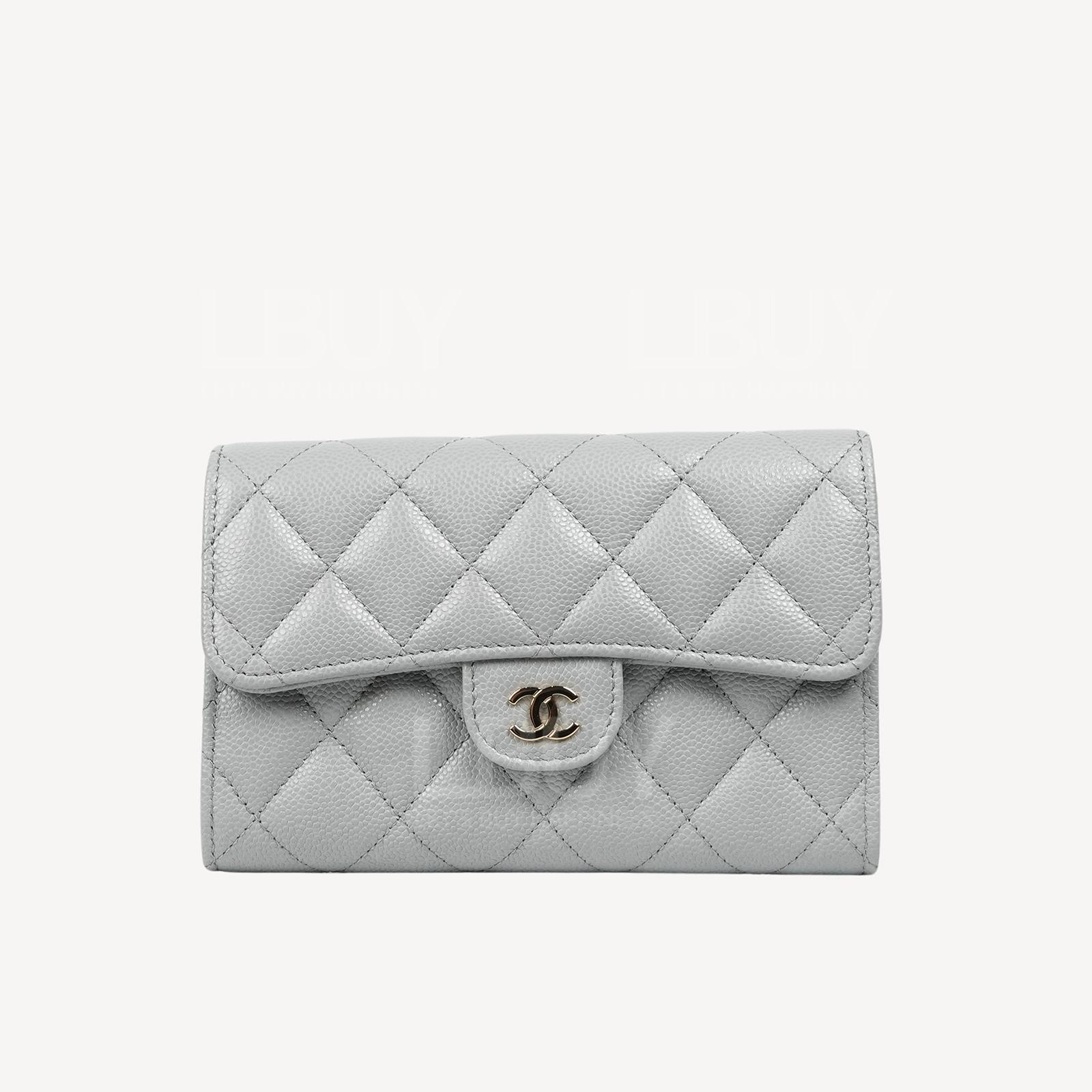 Chanel Classic Medium Flap Wallet Light Grey with Light Gold Tone Metal AP0232