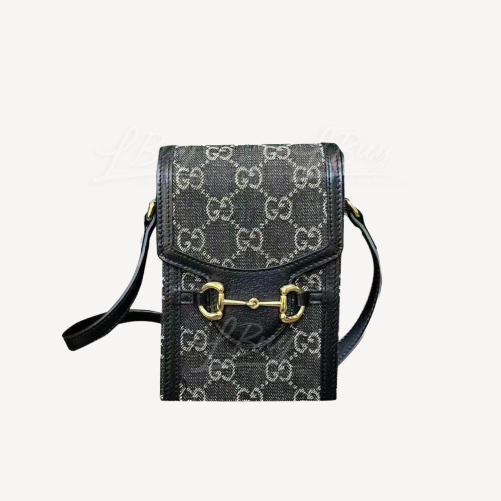 Gucci 馬銜扣1955 GG Supreme 帆布迷你袋手機袋 牛仔黑色