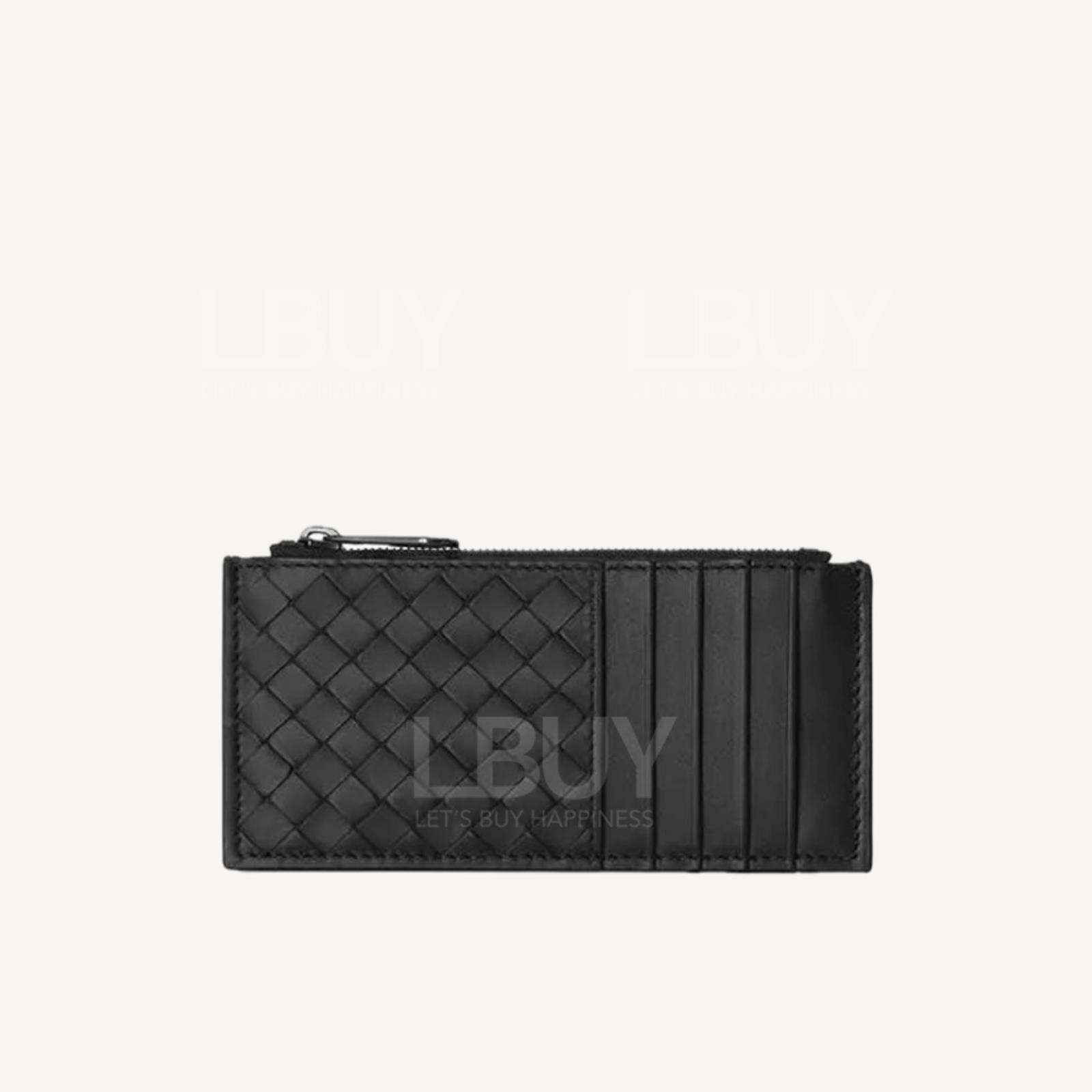 Bottega Veneta Woven Leather Zipper Card Holder Black 566430