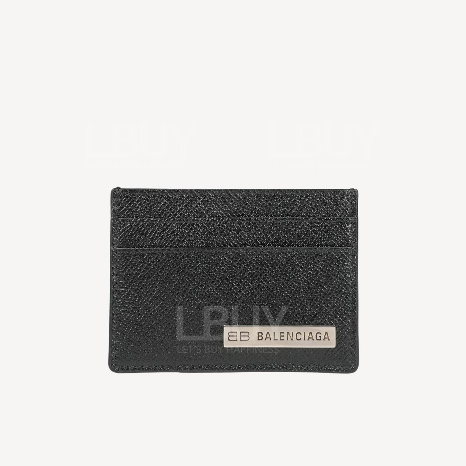 Balenciaga Silver Logo Metal Plate Leather Card Holder Black 671717