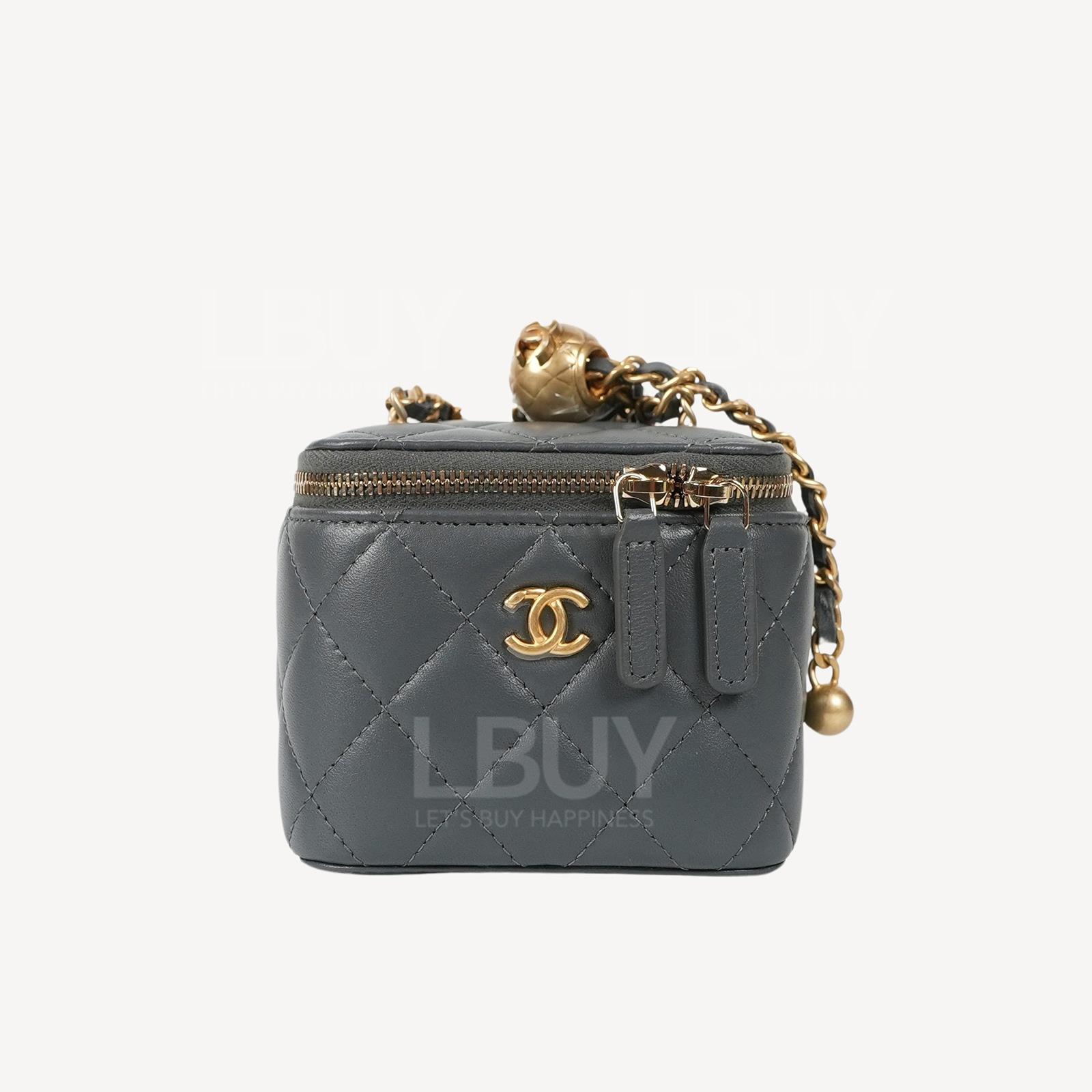 Chanel Gold Ball Mirror Base CC Logo Classic Small Vanity with Chain Dark Grey AP1447