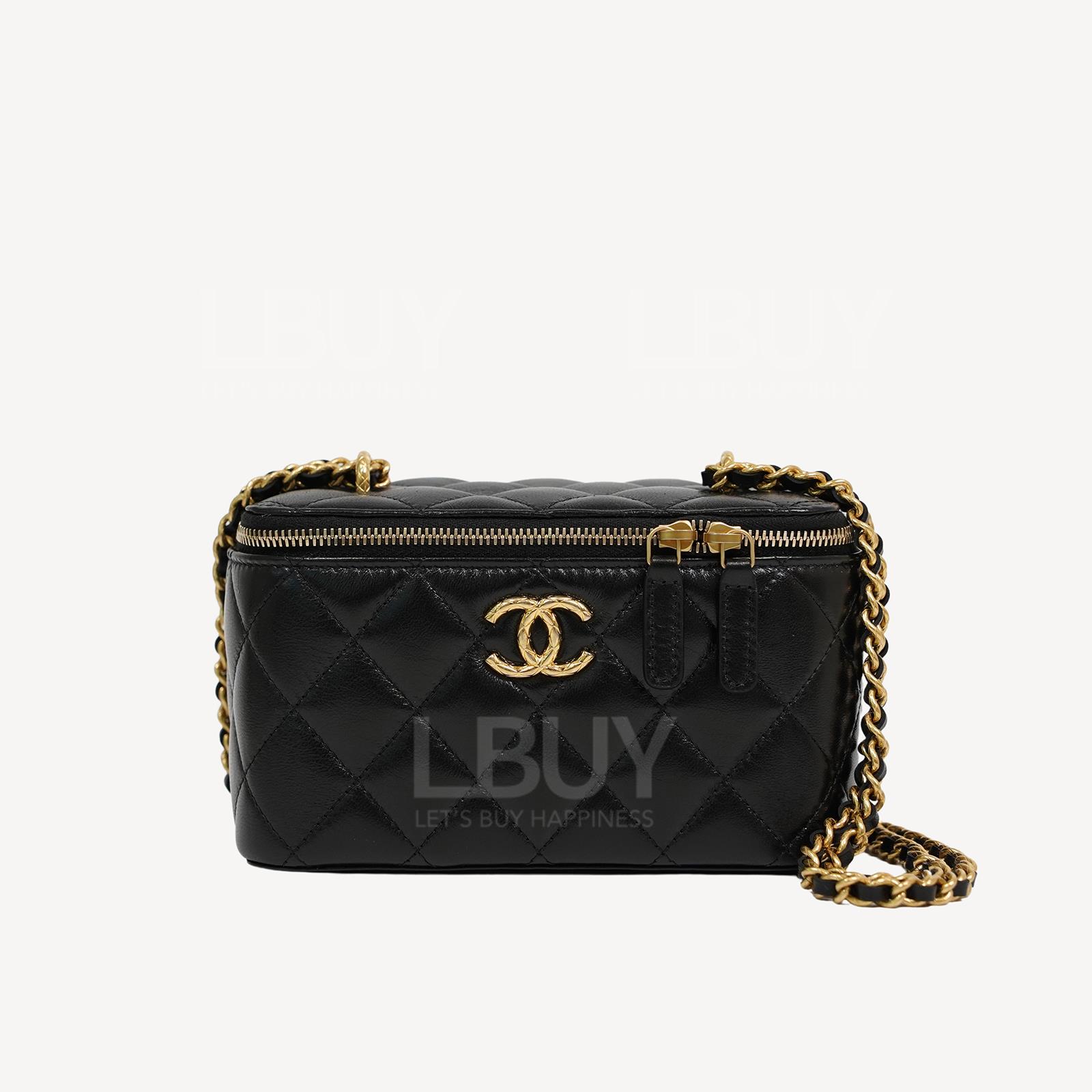 Chanel Vanity Case 黑色拼金色CC Logo雙鏈帶長型化妝盒子 AP3104