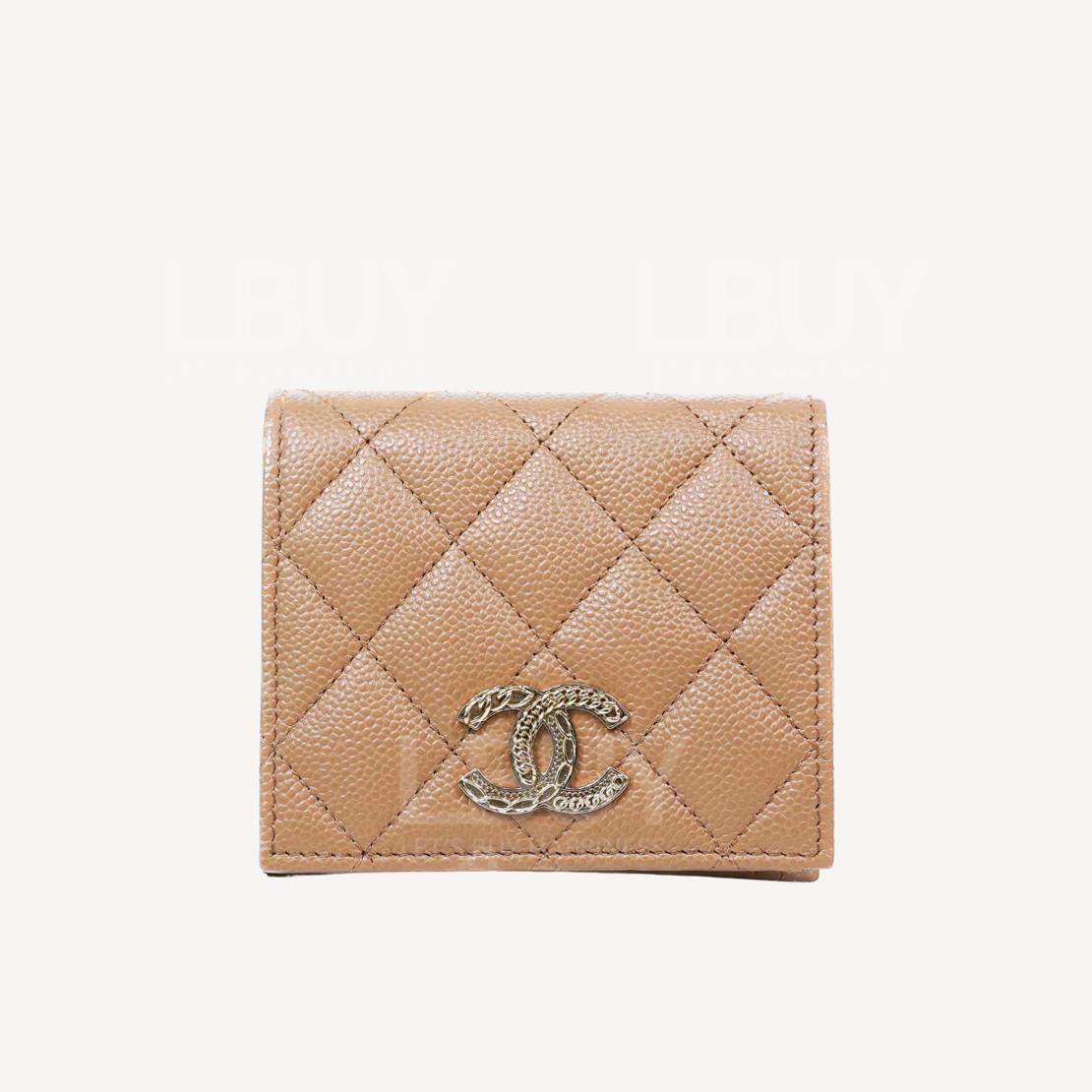 Chanel Grained Calfskin Gold CC Logo Bi-fold Short Wallet Apricot AP3055