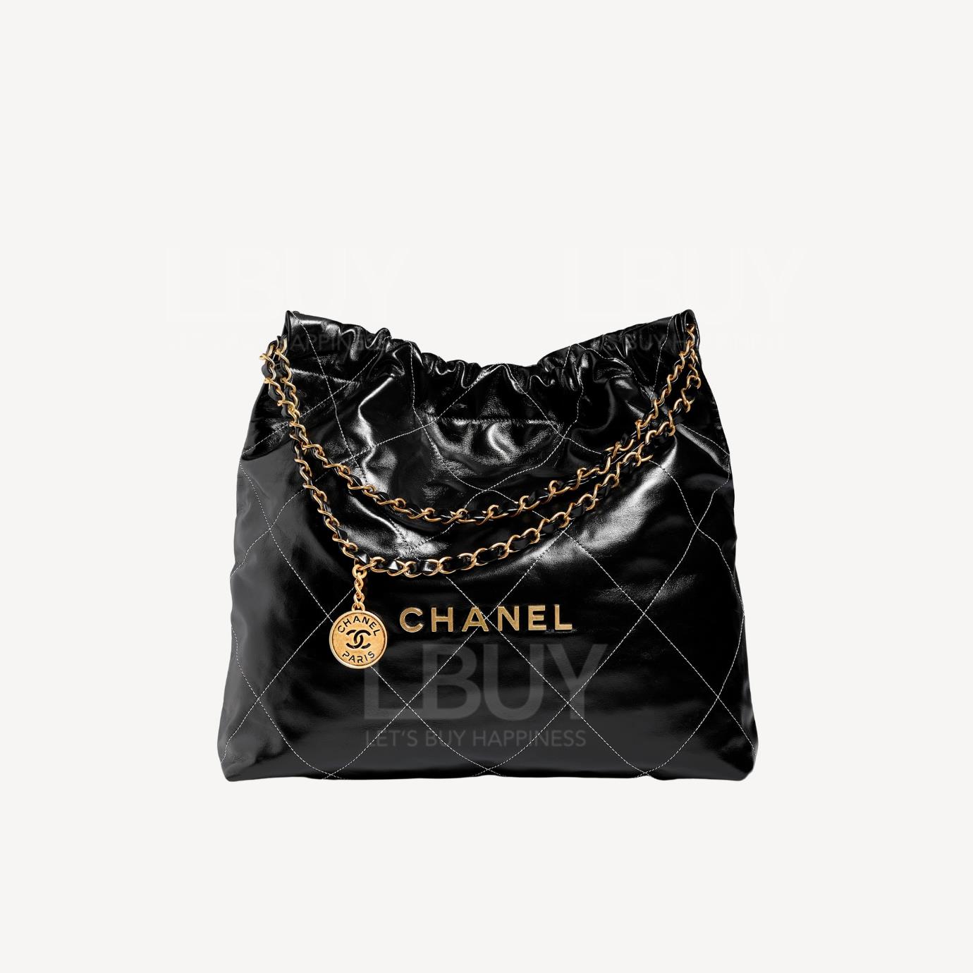 Chanel 22 Handbag Gold Colour Logo Small Black Handbag in White Rhombus Shiny Calfskin AS3260