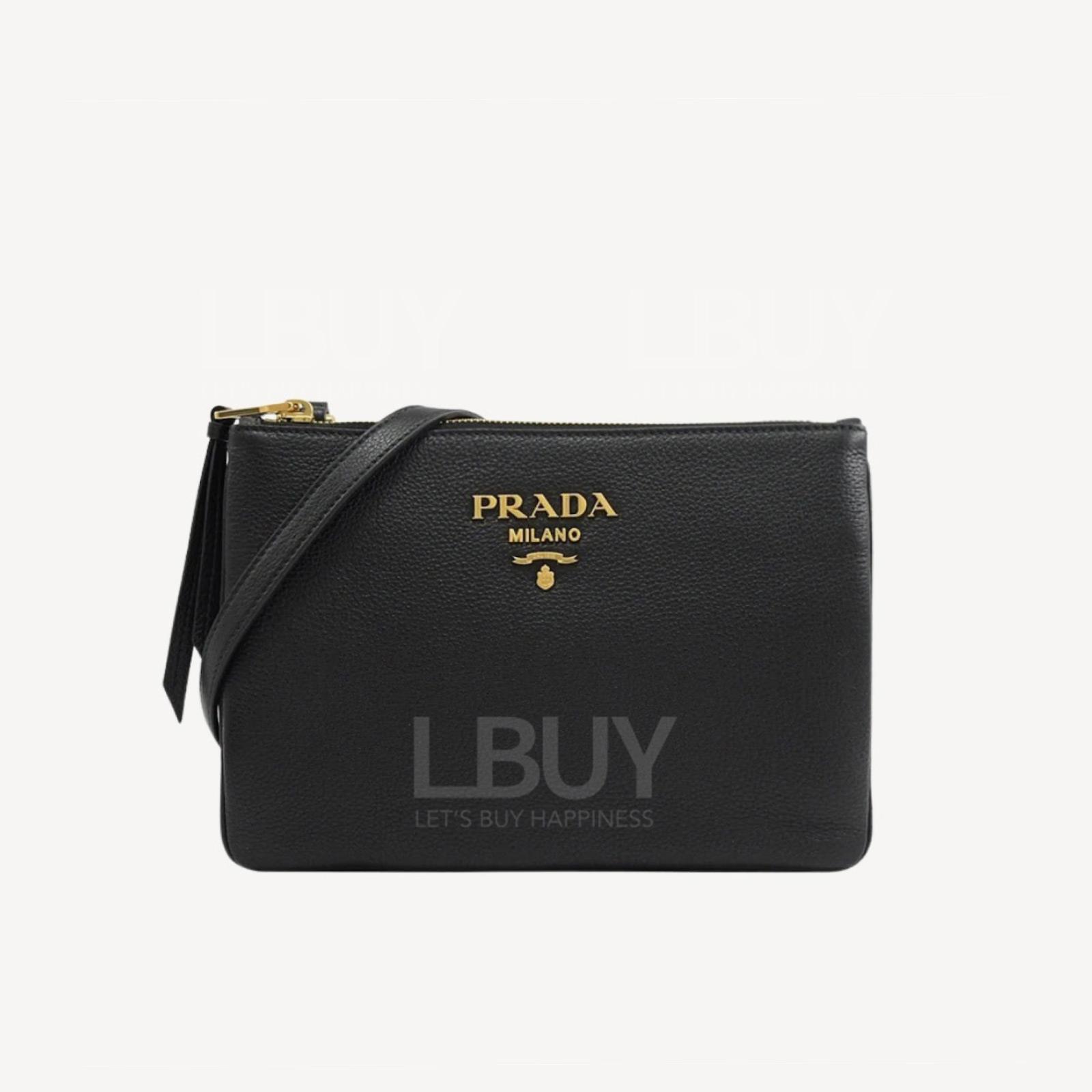 PRADA 雙層黑金字皮款斜孭袋 黑色